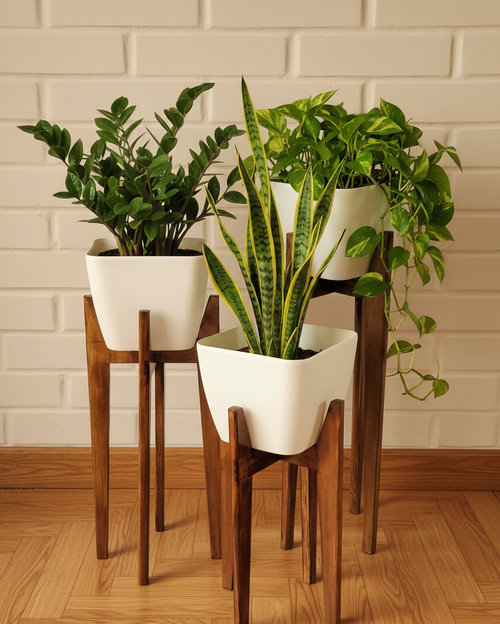 Set de 3 pedestales de madera sólida con maceteros incluidos de diseño nórdico artesanal