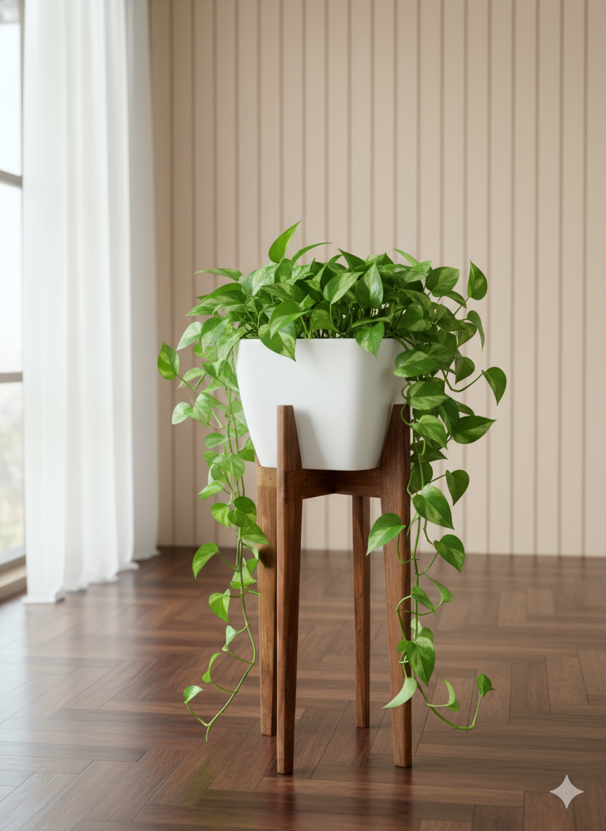 Set de 3 pedestales de madera sólida con maceteros incluidos de diseño nórdico artesanal