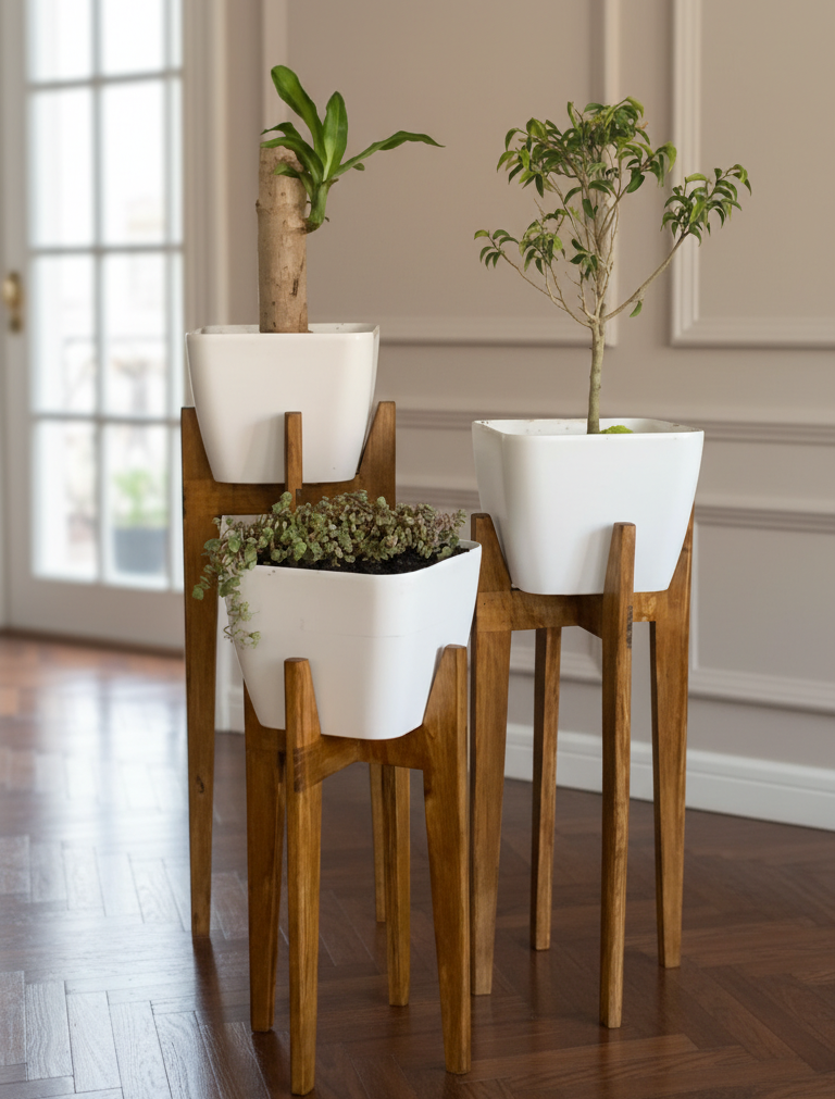 Set de 3 pedestales de madera sólida con maceteros incluidos de diseño nórdico artesanal